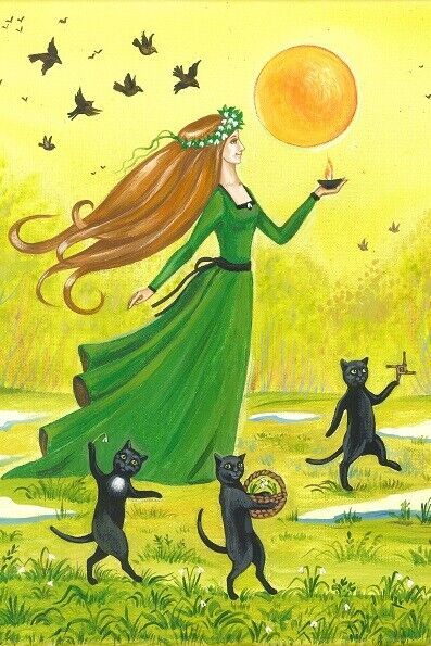 4X6 Postcard Ryta Imbolc St Brigid\'s Day black Cat Spring Feb 1 Celtic Pagan art