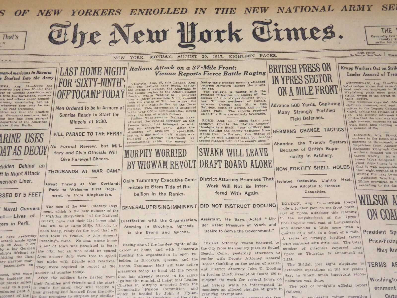 1917 AUGUST 20 NEW YORK TIMES NEWSPAPER - LAST NIGHT HOME FOR 69TH - NT 8526