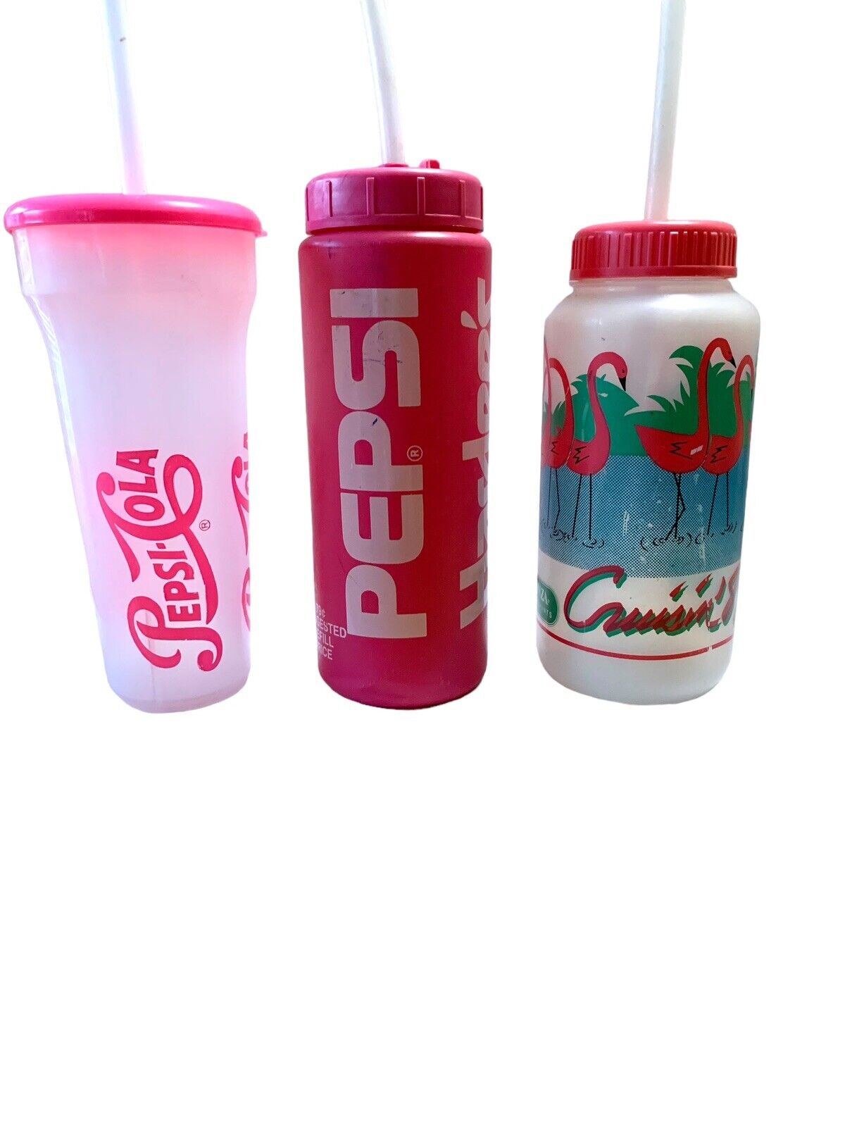 3 Pepsi Pink Water Bottle Cup Hardee\'s Runza Flamingos Vintage 1980\'s 1990\'s