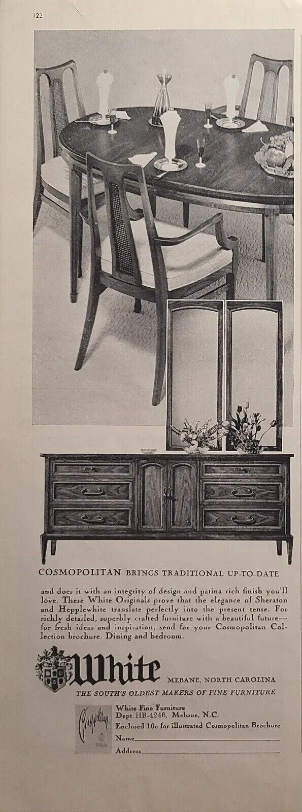 White Fine Furniture Mebane NC Cosmopolitan Collection Vintage Print Ad 1964