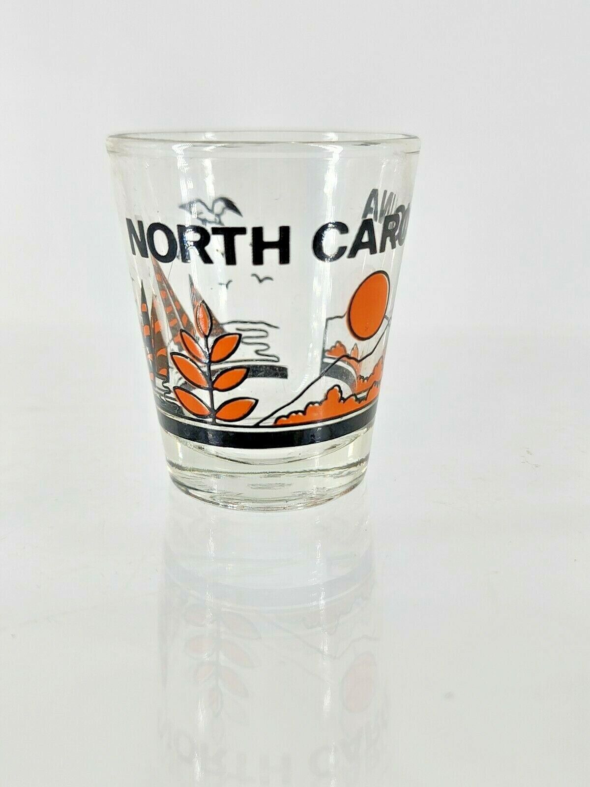 Vintage North Carolina Shot Glass Orange Black Taiwan Barware Souvenir