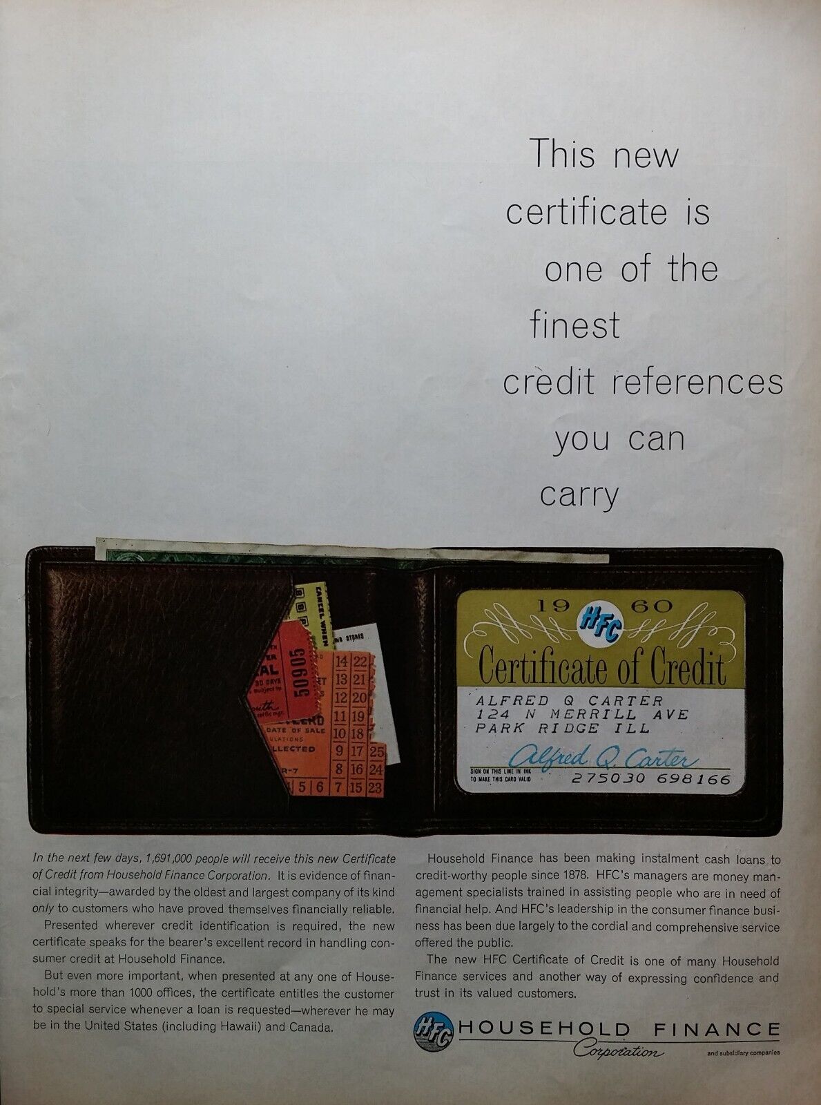 1959 Household Finance Corp Certificate Of Credit Card Vintage Photo Print Ad