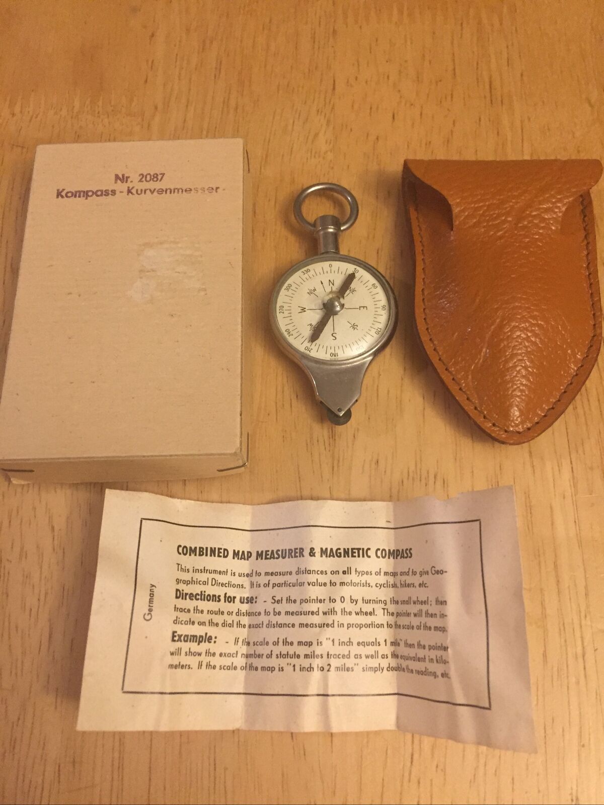 Vintage German Compass And Map Measurer With Box Pouch And Paperwork Nr. 2087 