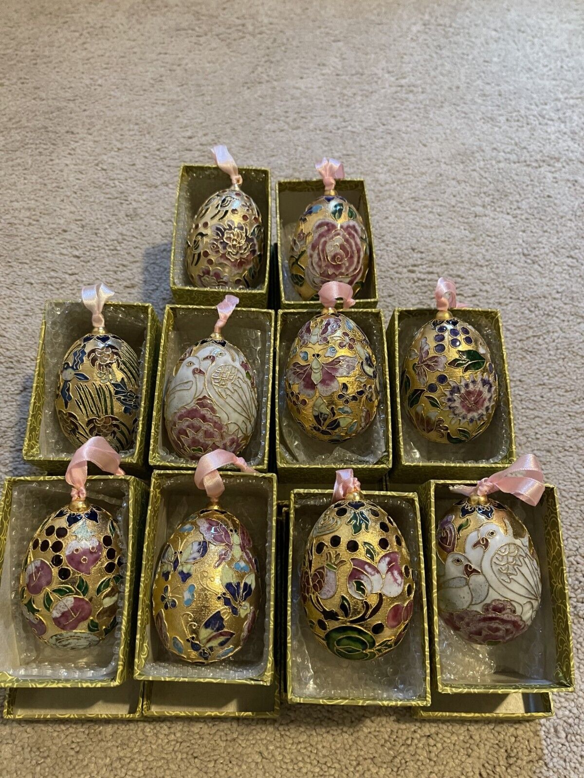 Lot of 10 Hanging Vintage Cloisonné Ornament Egg Shape 3” Tall
