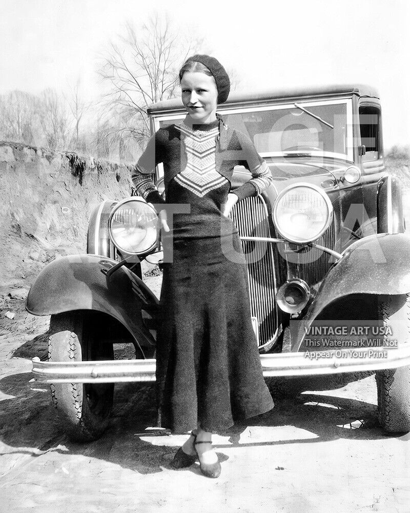 Bonnie Parker 1933 Photo - Posed in Front of Ford Getaway Car - Bonnie and Clyde