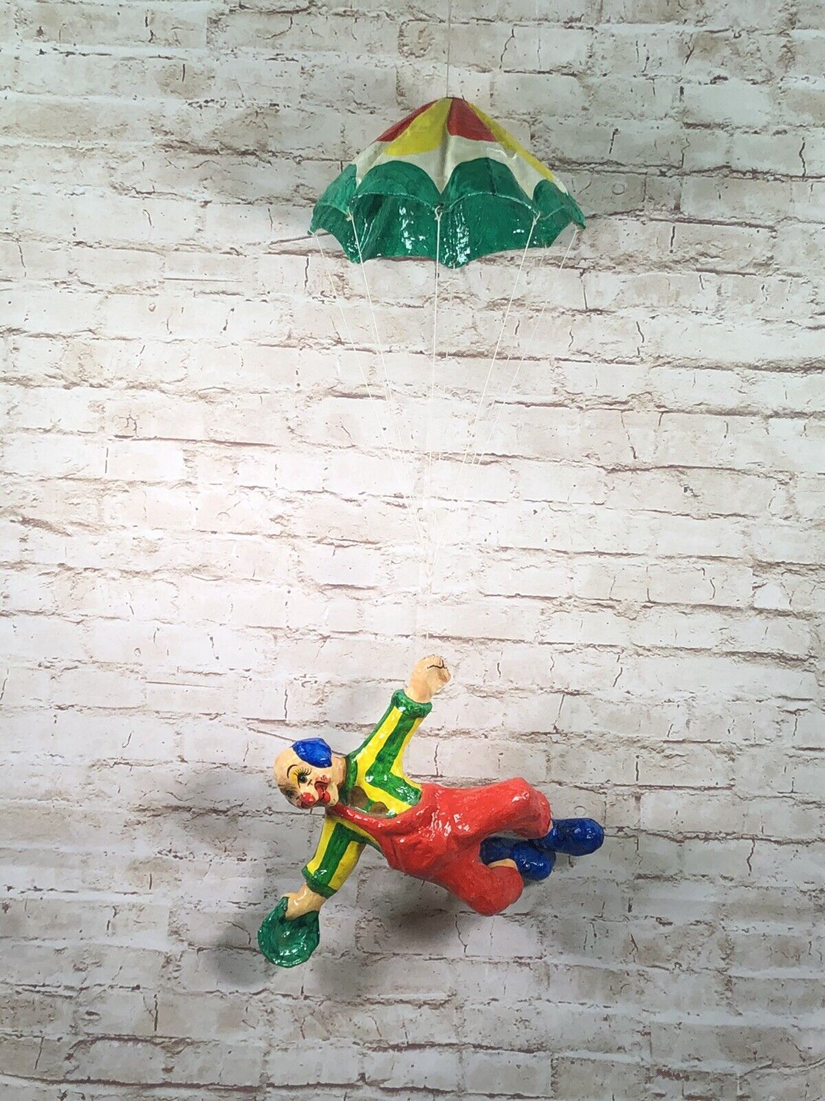 Vtg 70s  large 34\'\' paper mache parachute flying circus clown hanging figurine
