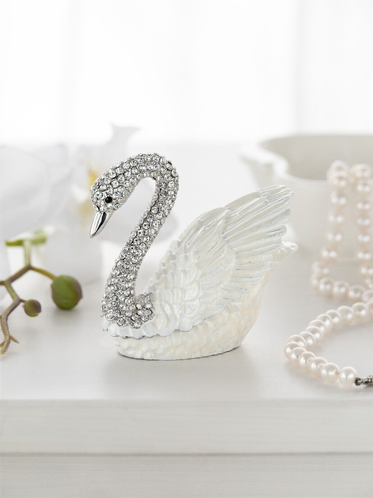 Keren Kopal  white Swan  Trinket Box Hand made Decorated with Austrian Crystals