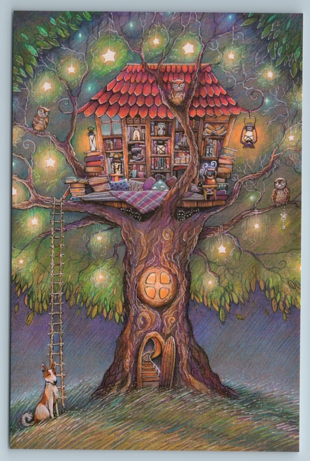 TREE HOUSE Fantasy Home Owl Dog Library Book Stars Russian New Postcard