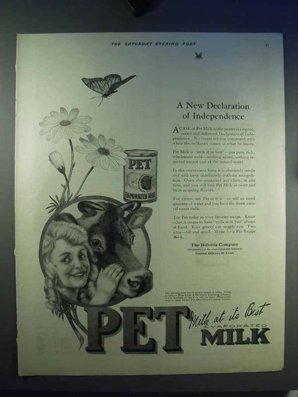 1921 Pet Evaporated Milk Ad - A New Declaration