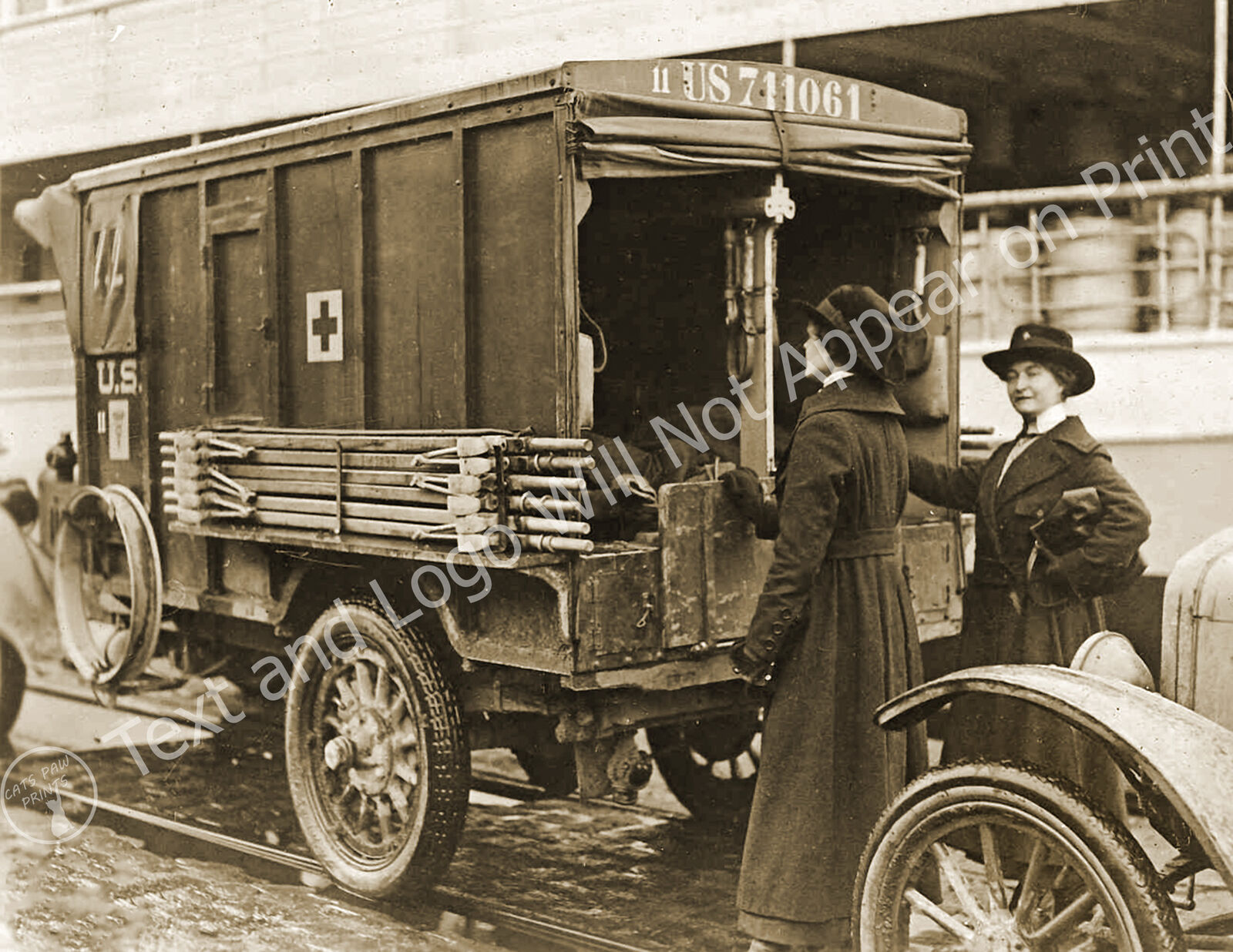 1919 WWI Red Cross Nurses & Ambulance in France Old Photo 8.5\