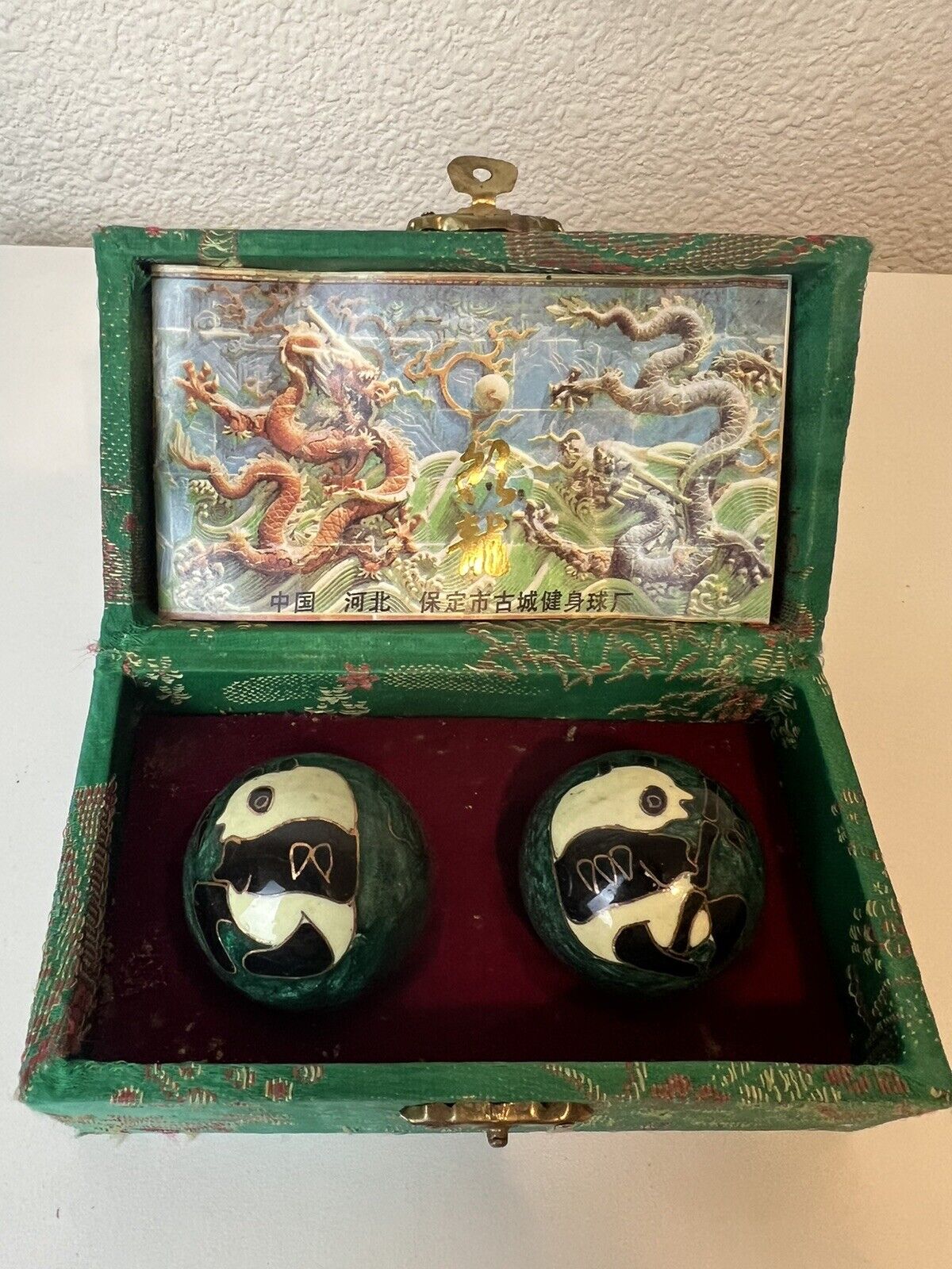 Chinese Boading Balls Green Cloisonne Pandas And Bamboo With Box
