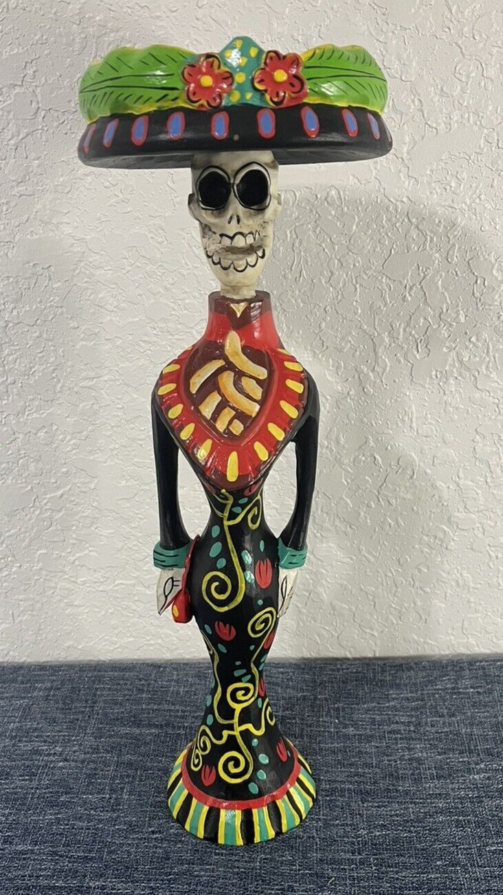 Skeleton Day of the Dead Painted Wood Figurine Female 18 Inches Tall