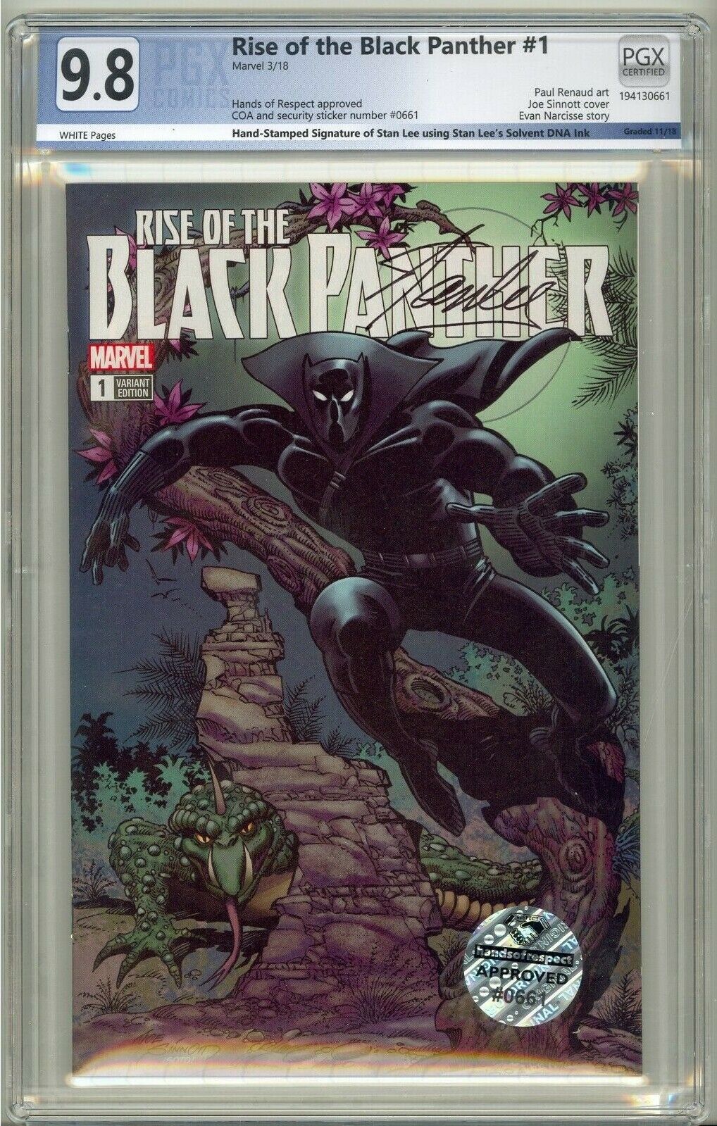 RISE OF THE BLACK PANTHER #1 DNA INK OF STAN LEE STAMPED SIGNATURE PGX 9.8 W/COA