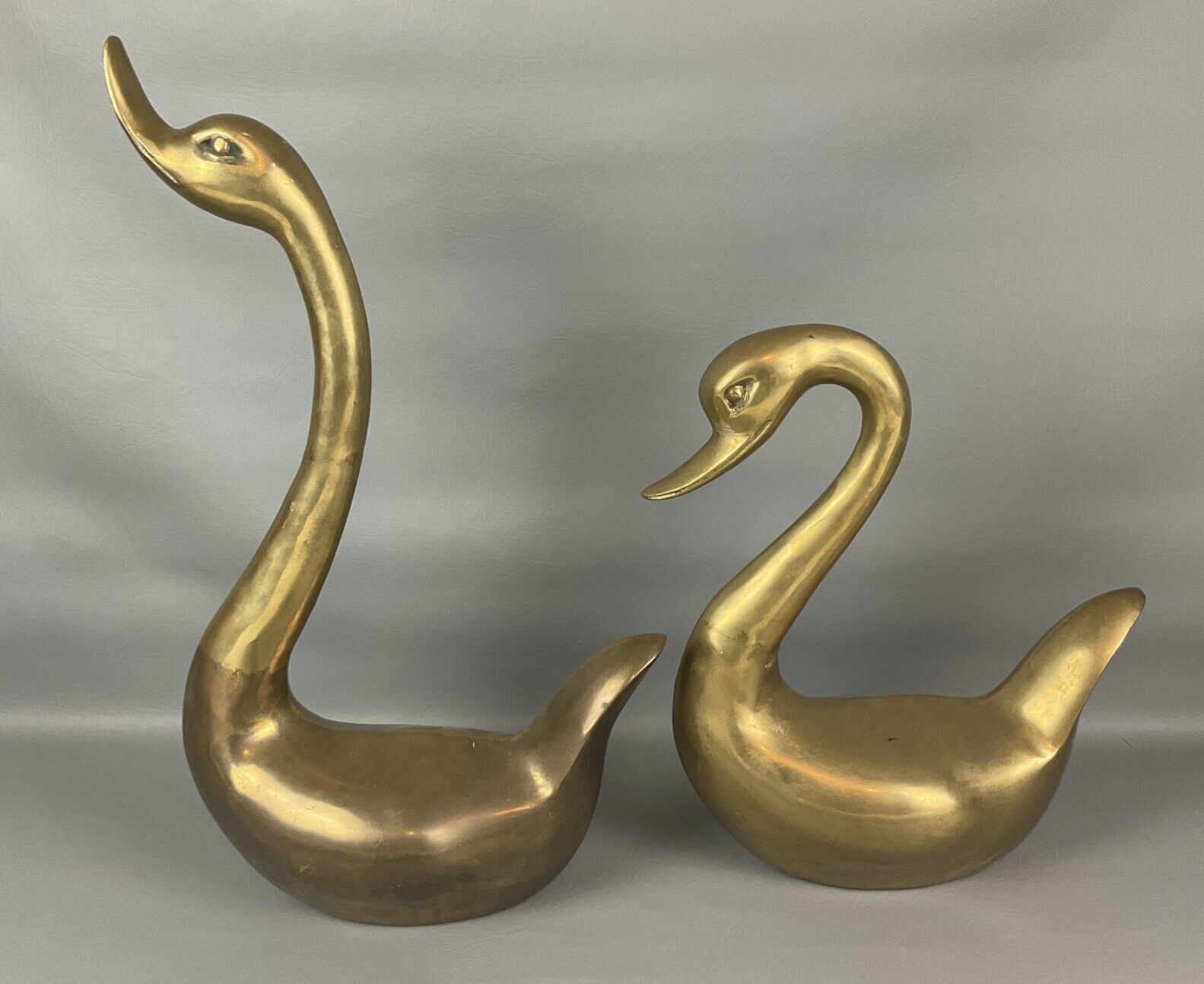Vintage Set of 2 Large BRASS SWANS Geese Ducks 13” & 19”  tall LARGE Statue.