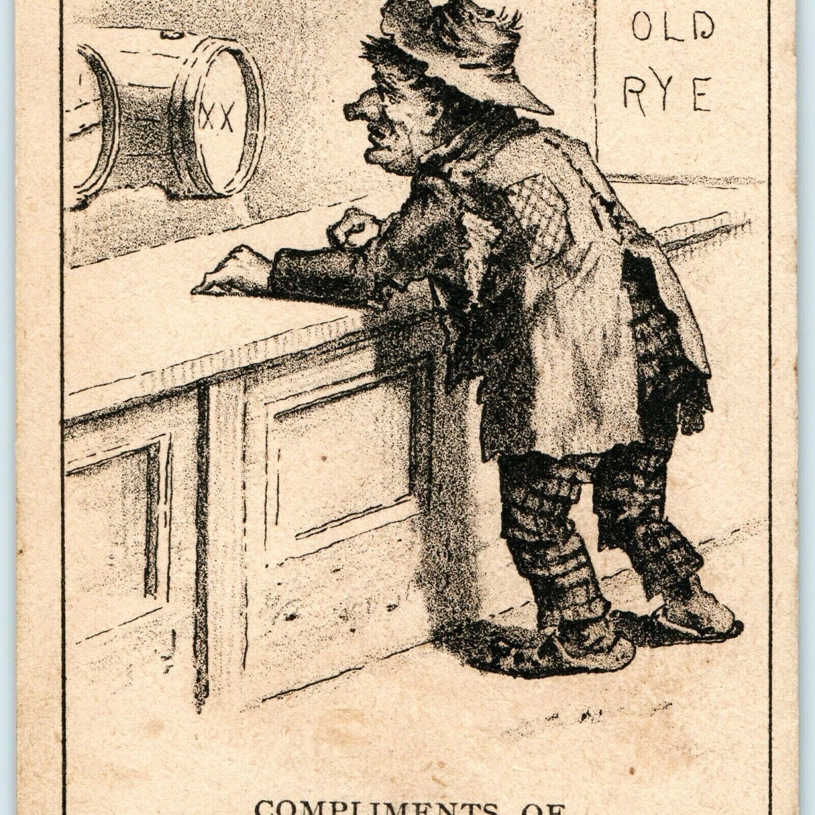 c1880s Alcoholic Beggar Wants Drink Comic Trade Card Alcohol Beer Whisky Rye C27