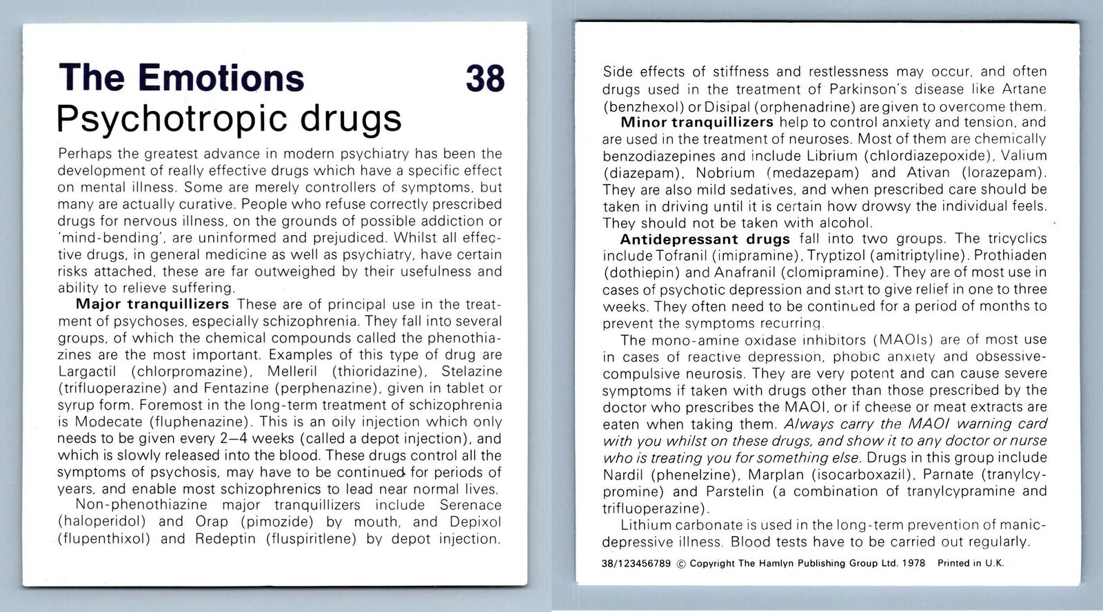 Psychotropic Drugs #38 Emotions - Home Medical Guide 1975-8 Hamlyn Card
