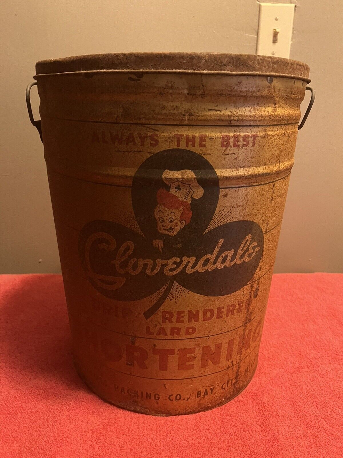 Vintage Cloverdale Pure Lard 50 Pound Advertising Tin Pail, Bay City, Michigan