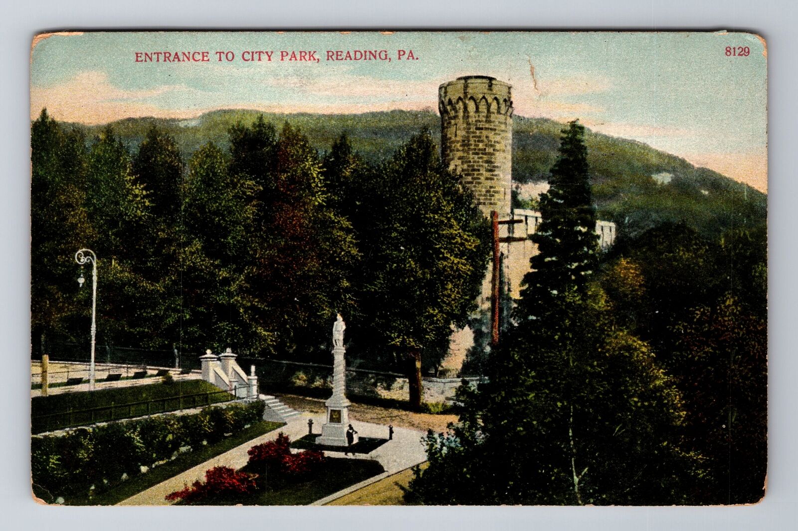Reading PA-Pennsylvania, Entrance To City Park, Statue, Vintage c1909 Postcard