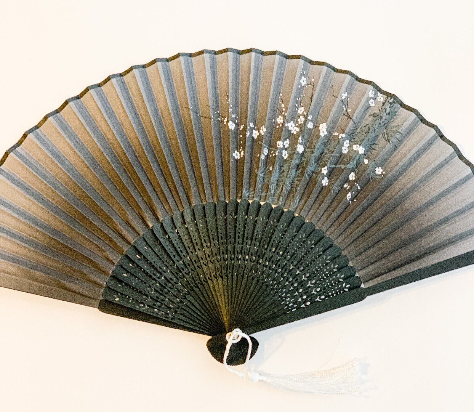 Dark Grey Colored Silk Hand Fan Handheld Folding Fan in Plum Flower Print Design