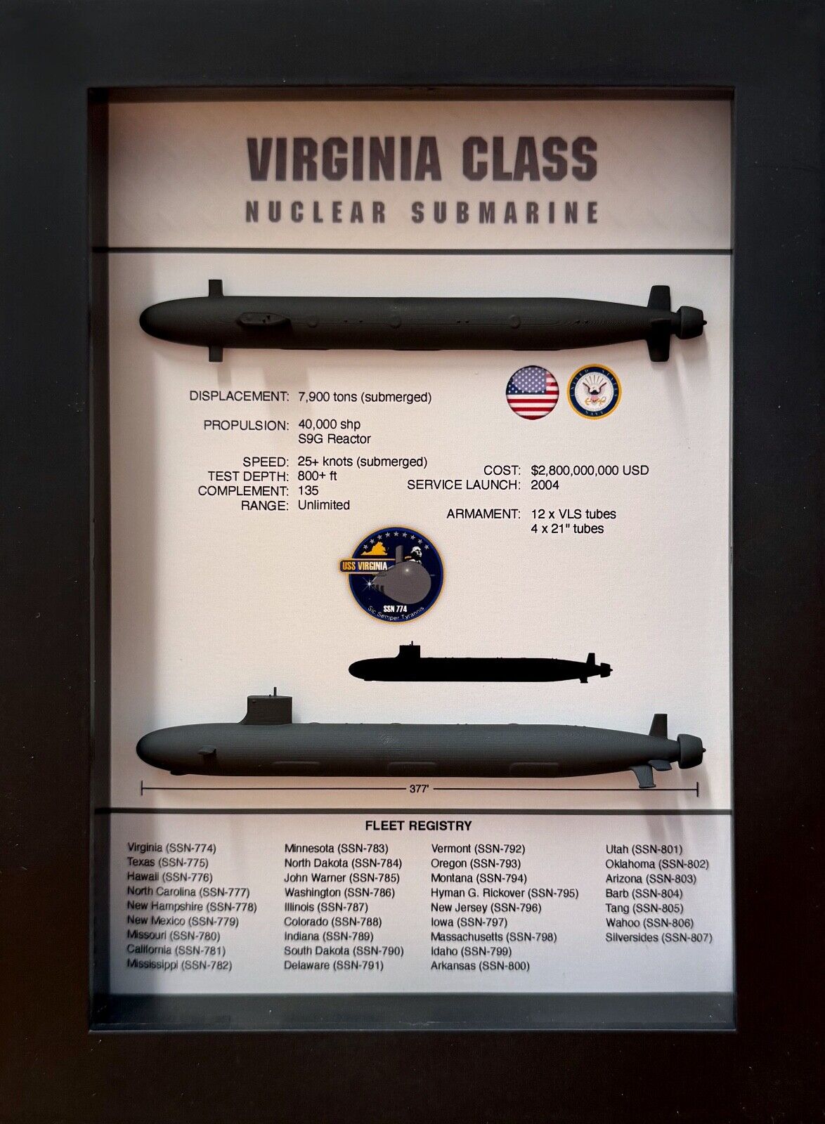 Virginia Class Submarine Shadow Display Box, SSN-774, 5.75\