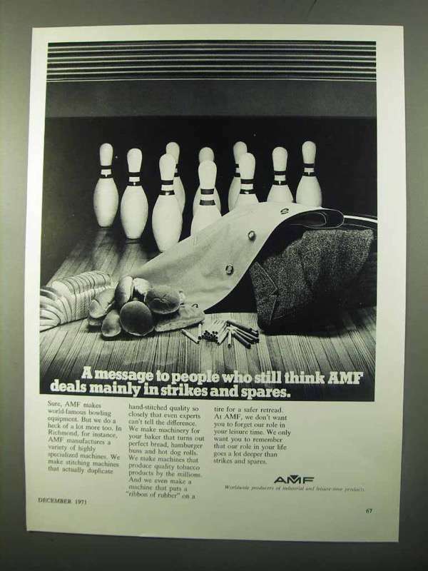 1971 AMF Bowling Equipment Ad - Strikes and Spares