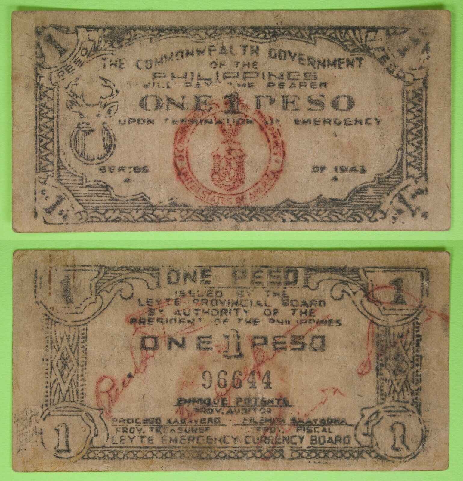1943 Philippines ~ LEYTE 1 Peso ~ WWII Emergency Note ~ LEY-115