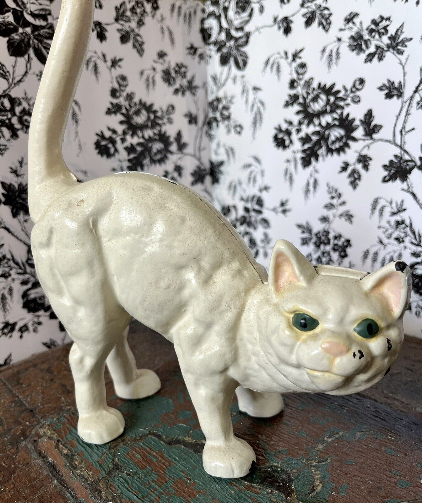 ANTIQUE CAST IRON DOORSTOP WHITE CAT with Arched Back and Tail Up