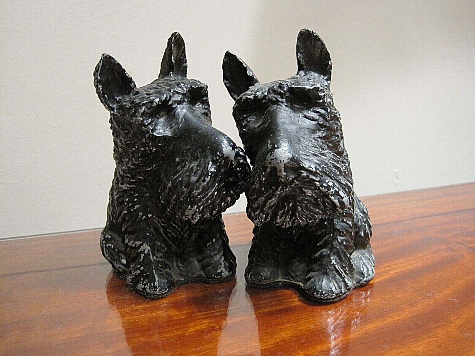 VINTAGE SPELTER/METAL AND PLASTER SCOTTY DOG FIGURINES PAIR