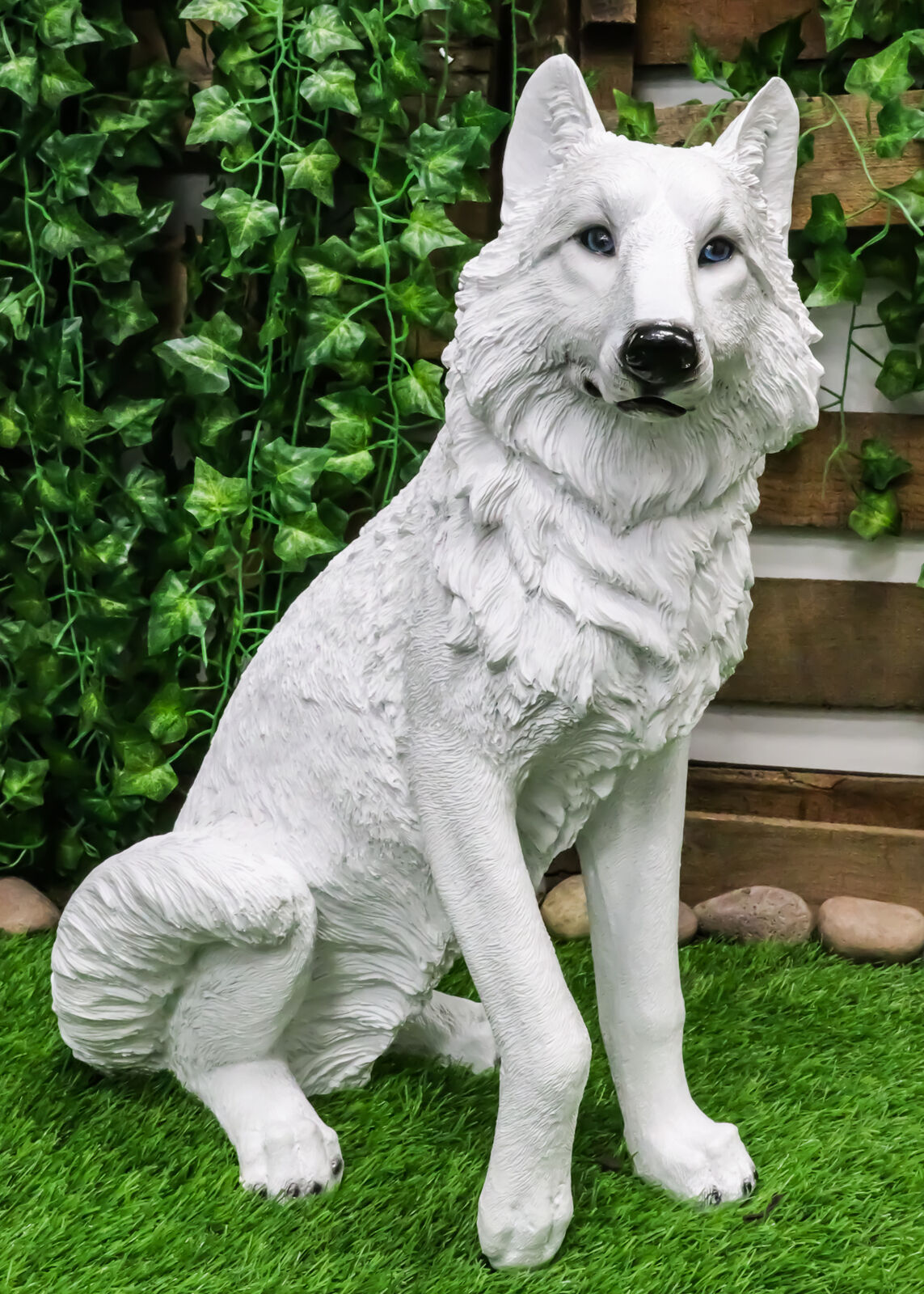 Ebros Large Artemis Wildlife Sitting Alpha Albino Ghost White Wolf Statue 20.5\