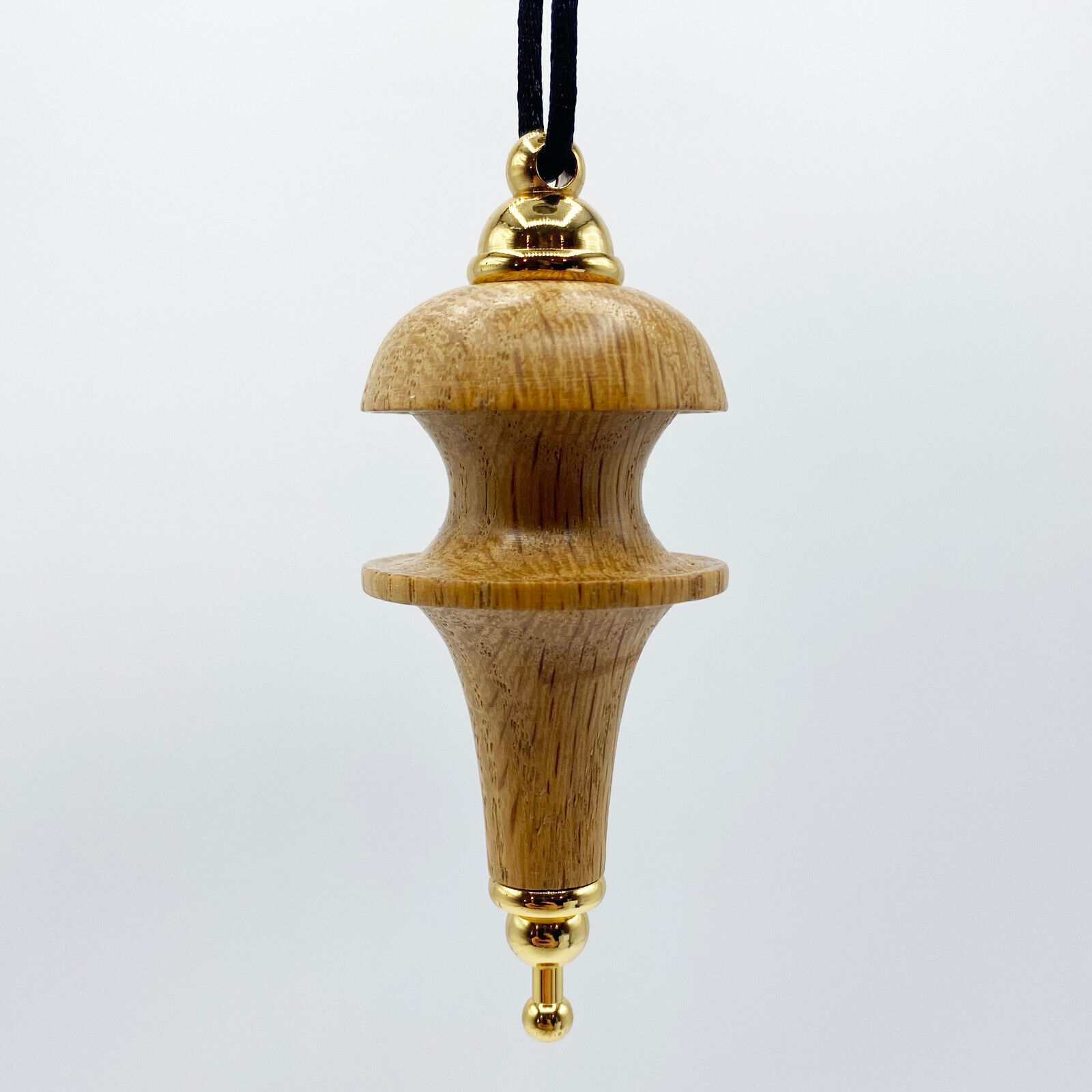 Unique Handmade Turned Oak Wood Ornament with Gold Tone Metal Accents