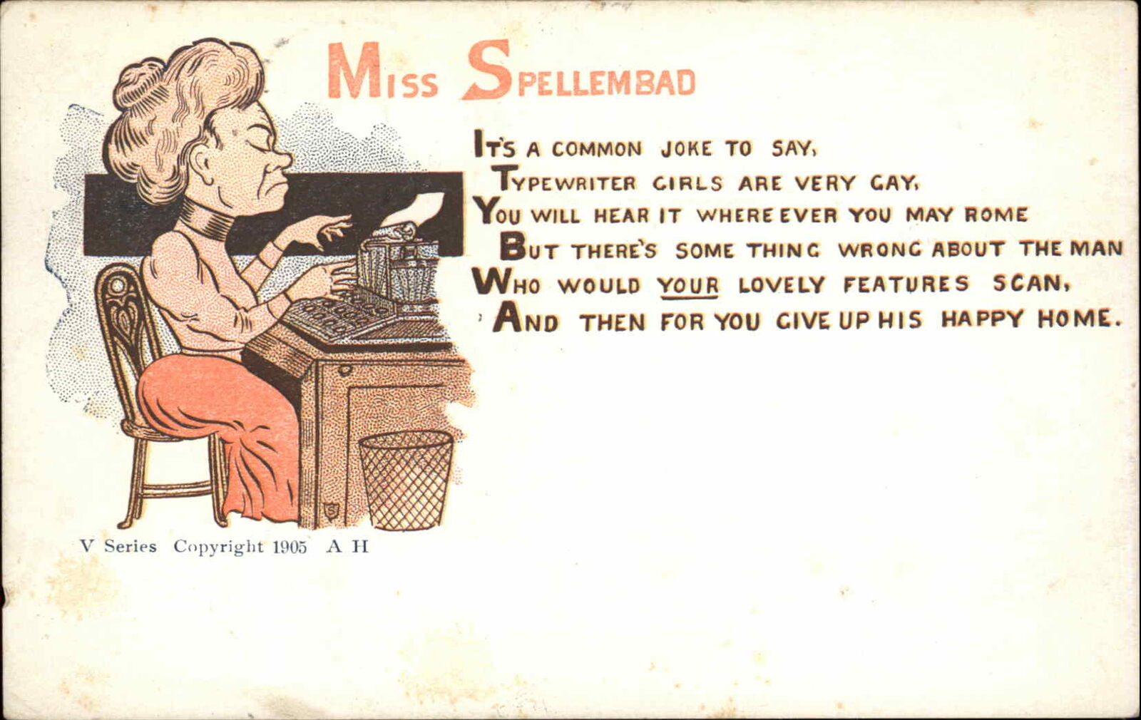 Miss Spellembad Old Typewriter Wordplay Pun Secretary c1910 Vintage Postcard