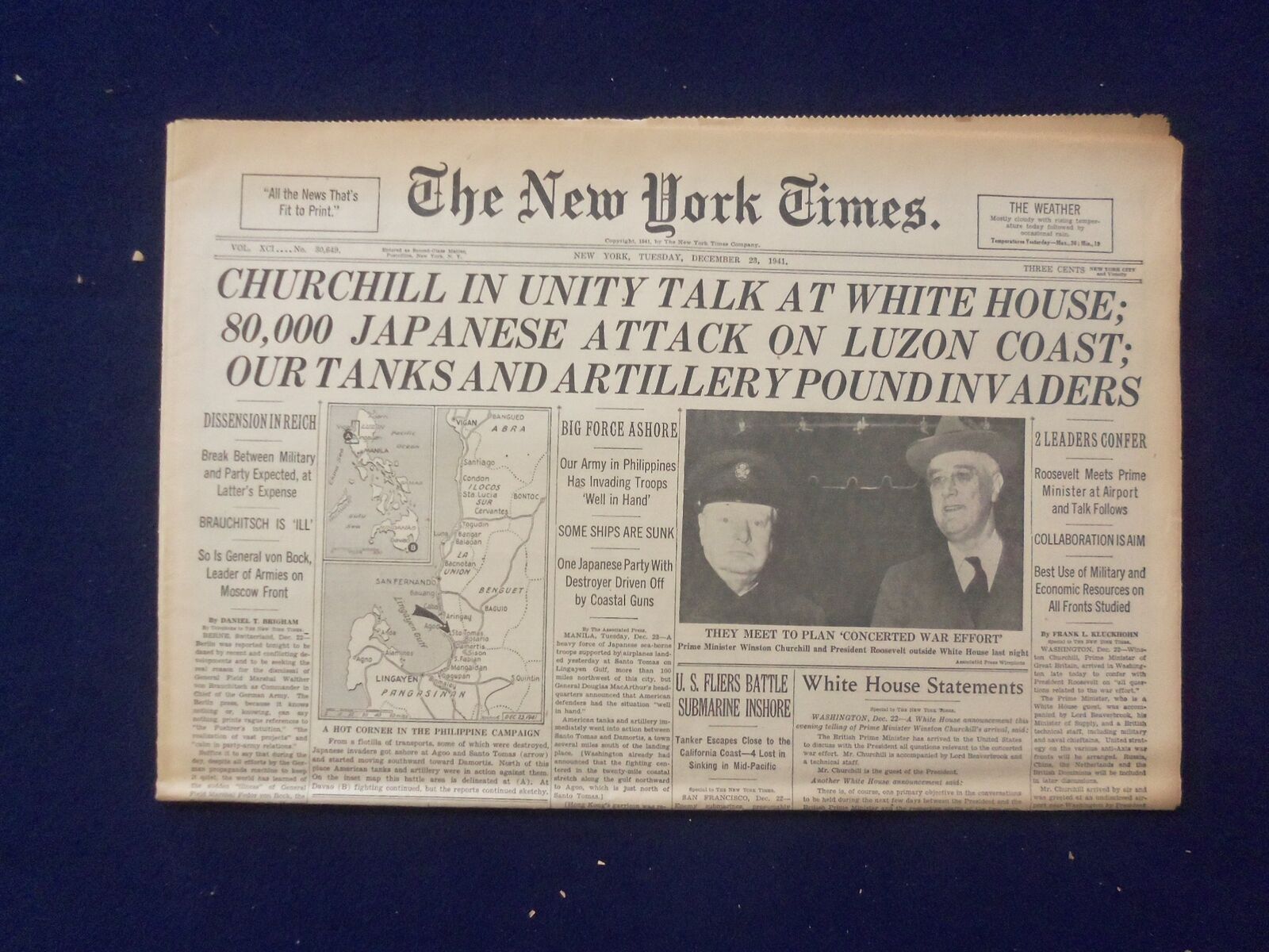 1941 DEC 23 NEW YORK TIMES - CHURCHILL IN UNITY TALK AT WHITE HOUSE - NP 6488