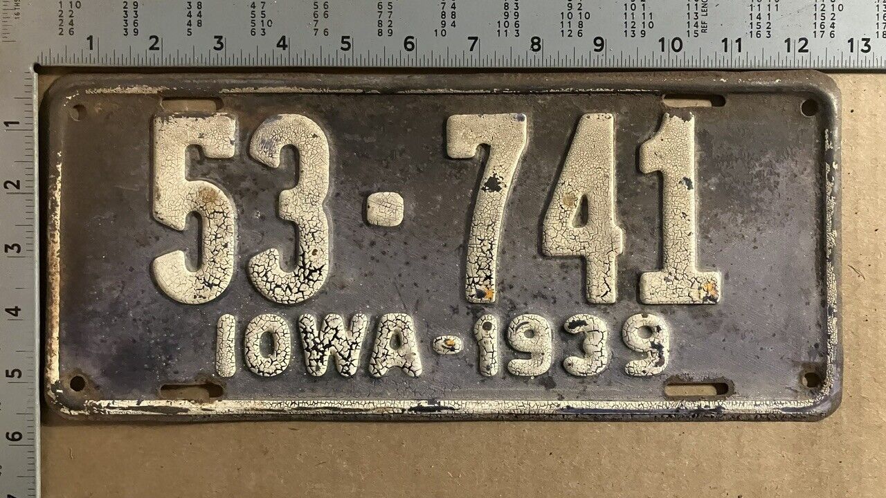 1939 Iowa license plate 53-741 unique PURPLE lovely patina 8683