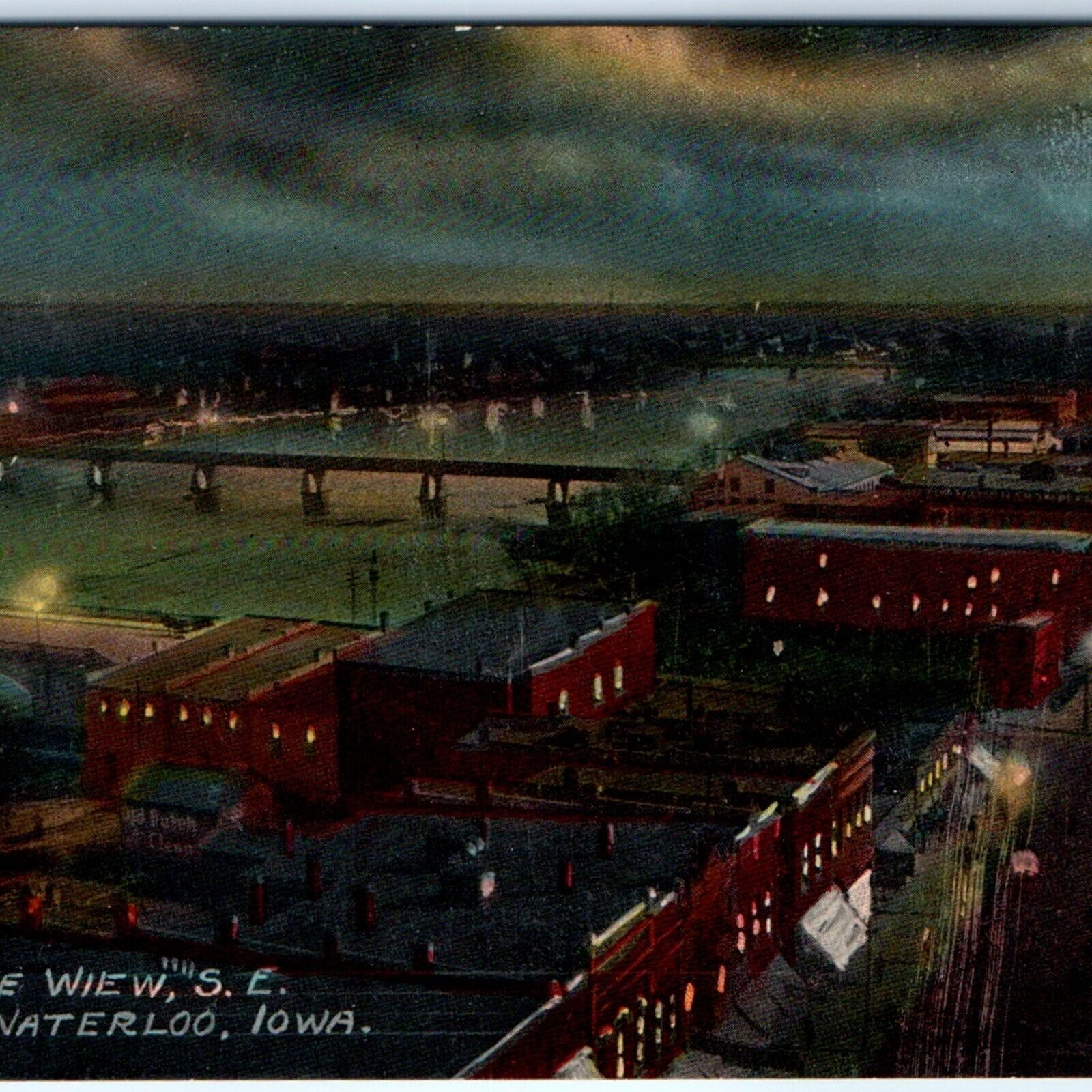 c1910s Waterloo IA SE Birds Eye View Night Commercial St Photo Lith Postcard A63