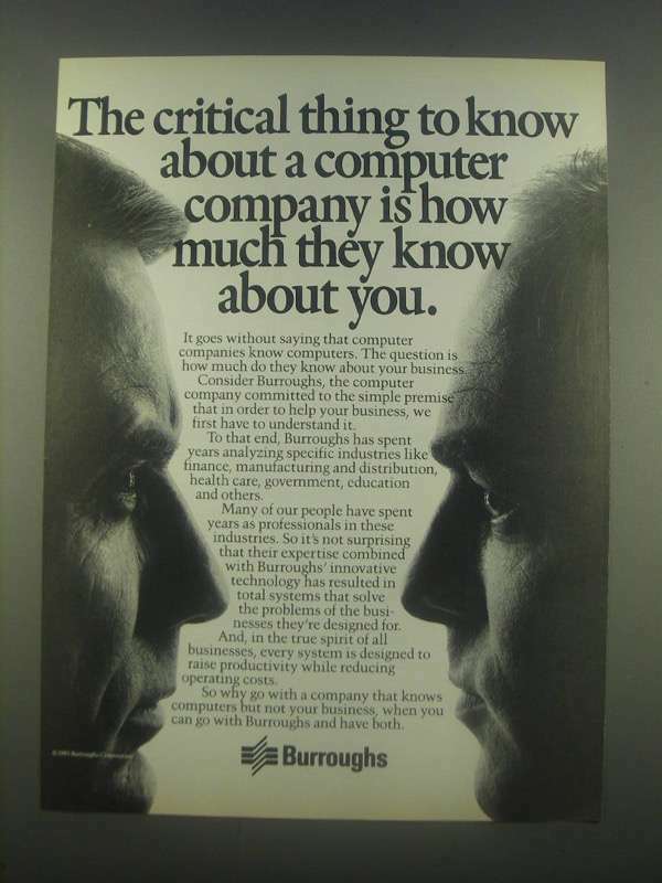 1985 Burroughs Computers Ad - The Critical Thing