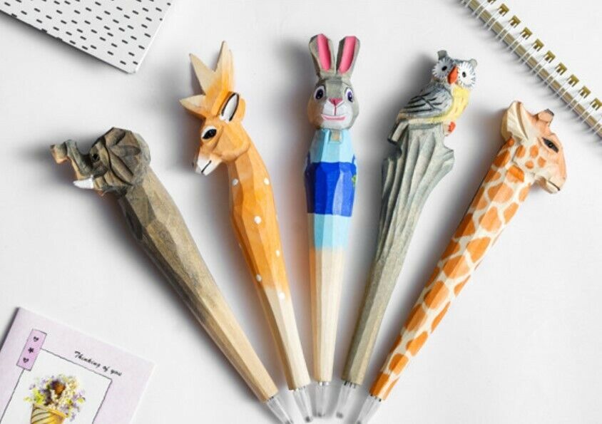 10 PACK Pens for Writing Ballpoint Wood Carved Cute Animals office decoration