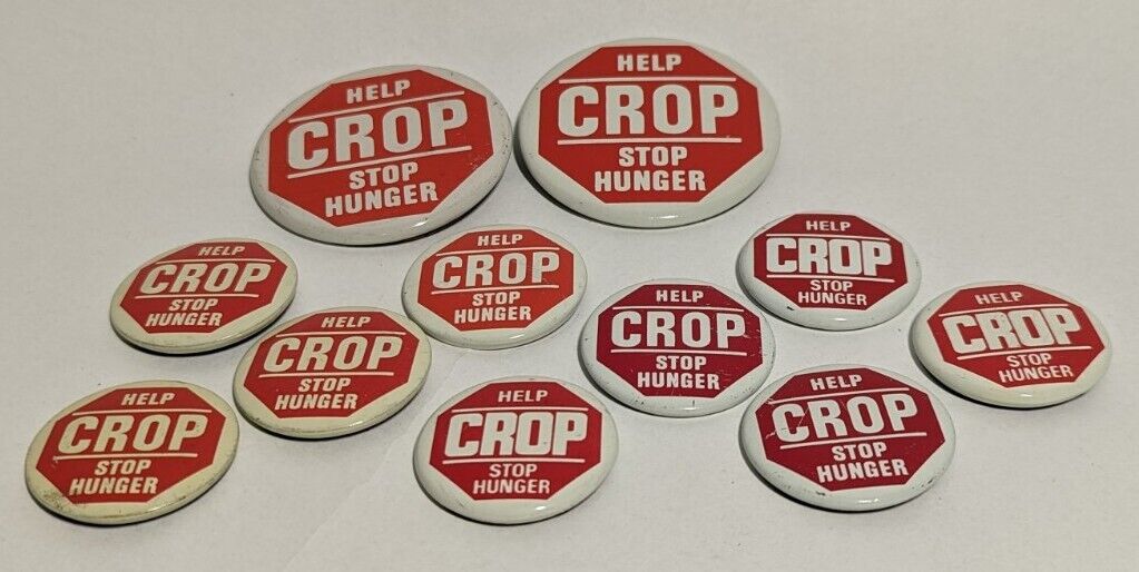 Vintage CROP STOP HUNGER 9 Small 2 Large Pin Back Buttons Red White