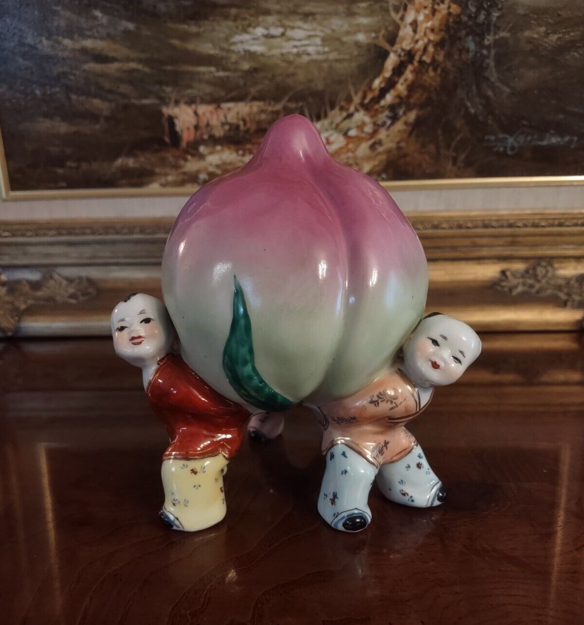 Chinese Porcelain Lucky Peach Carried Held 3 Boys Longevity Feng Shui Figurine 6