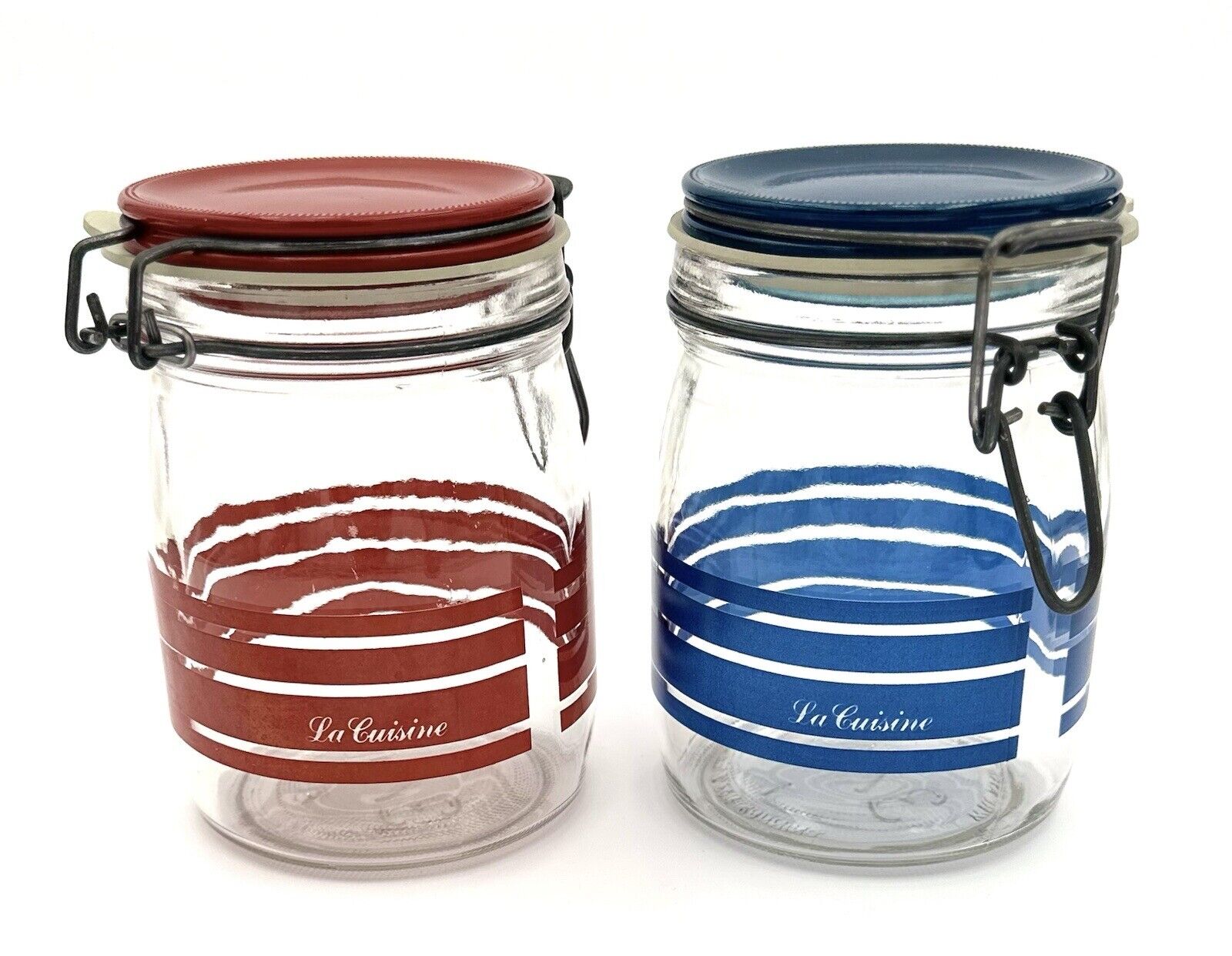 VINTAGE RED AND BLUE KITCHEN GLASS CANISTERS “LA CUISINE” 0.75 L EACH