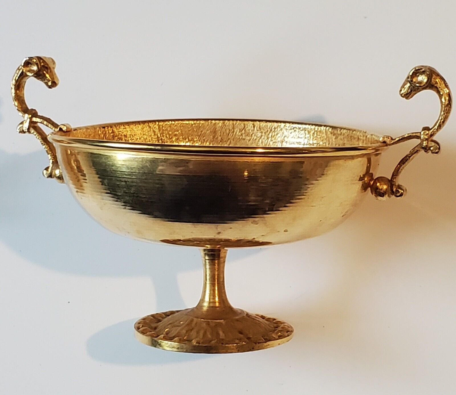 Vintage Brass Offering Pedestal Bowl Ram Heads Animal Design With Handles