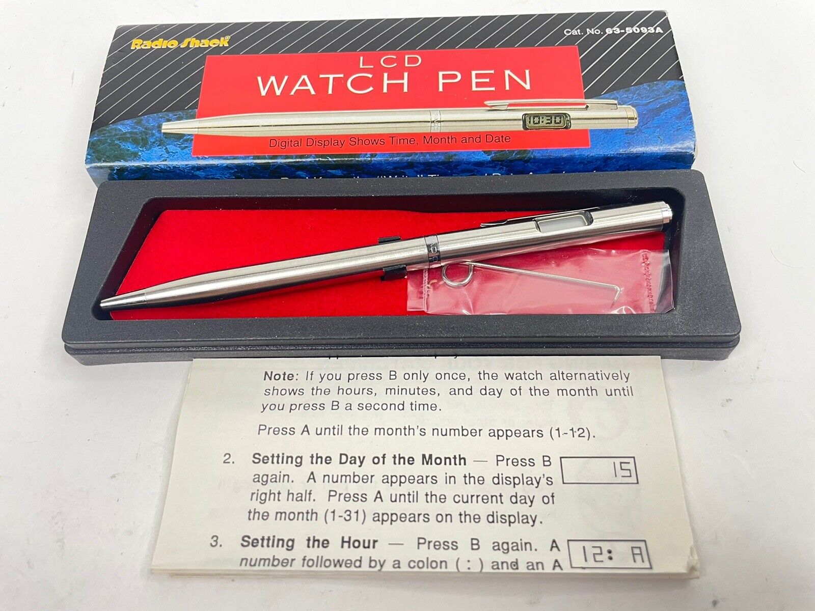 Vintage 1995 Radio Shack LCD Digital Watch Pen Tandy Corp w/instructions box NEW