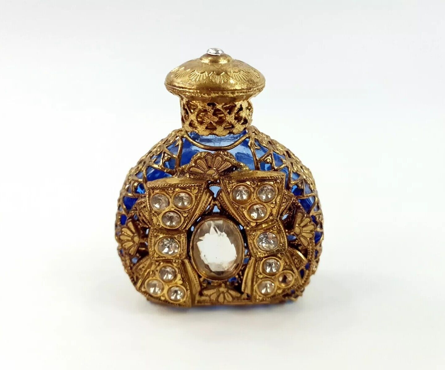 Vintage Beautiful Czech Glass Brass Filagree Overlay with Gemstones Blue 5.5cm