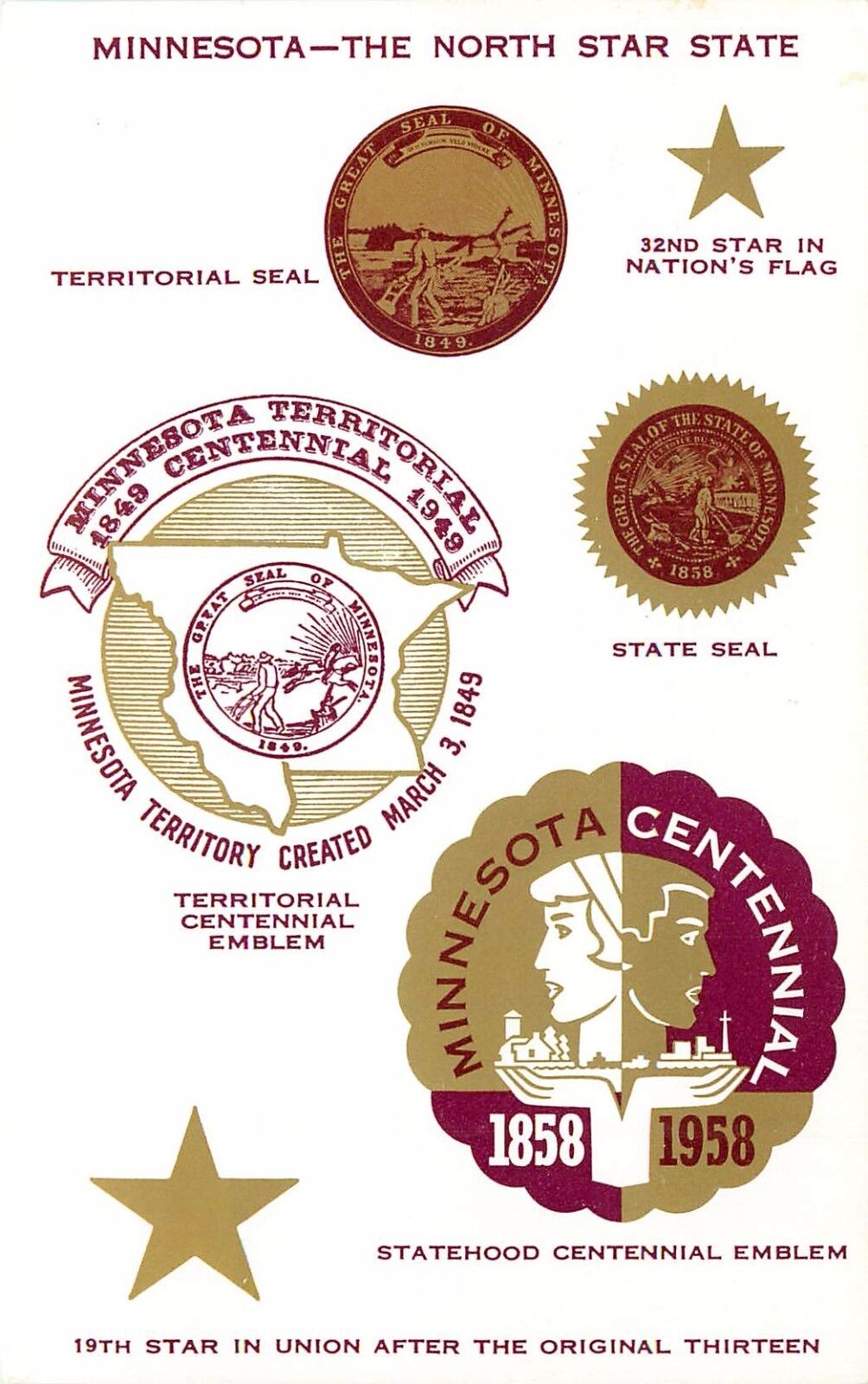 1858-1958 MINNESOTA CENTENNIAL Art Deco Design Seal Emblem POSTCARD