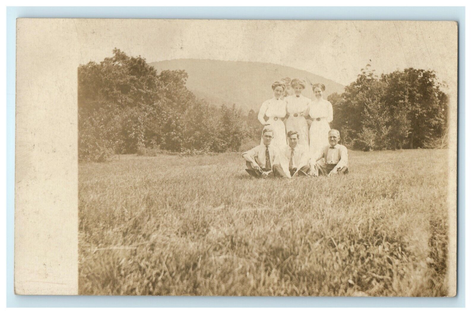 c1910 Three Men and Women Victorian Dresses Field Ties RPPC Photo Postcard