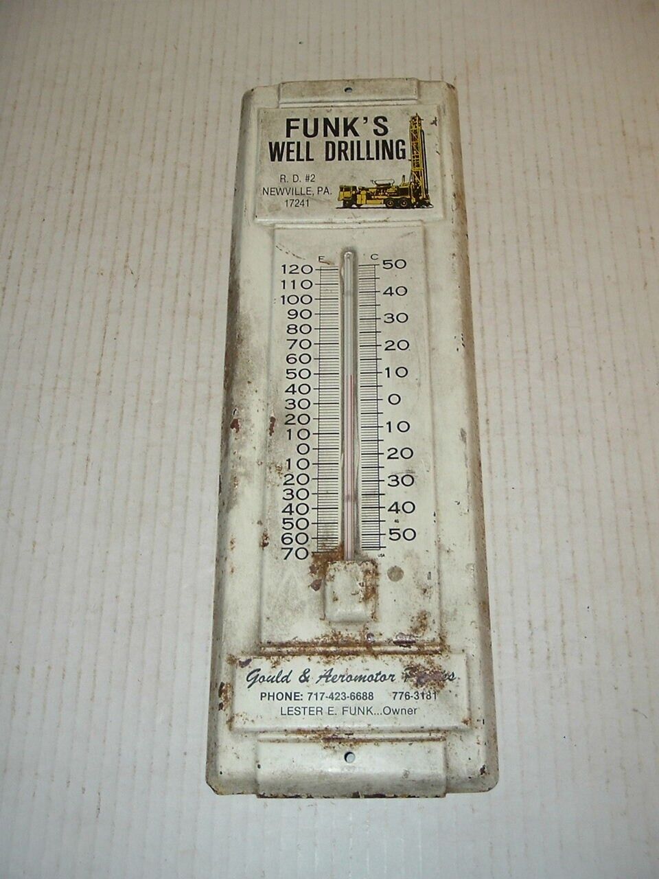 Vintage Funk's Well Drilling Metal Advertising Thermometer Newville Pa 14