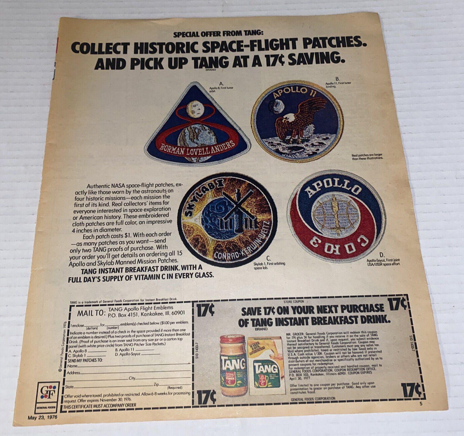 Vintage 1970s TANG Apollo Print AD Space Flight Patches Exp. Offer NASA Skylab