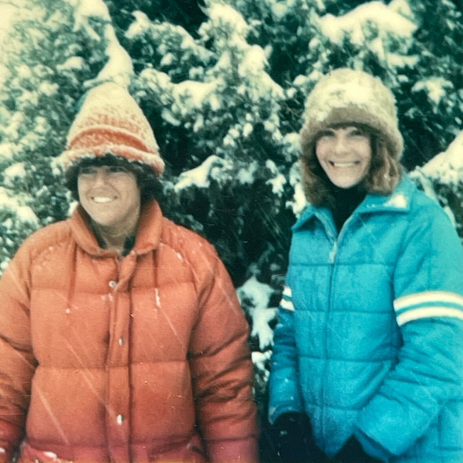 WF Photograph Cute Couple Big Smiles Snow Jackets Beanies Polaroid Winter 1980