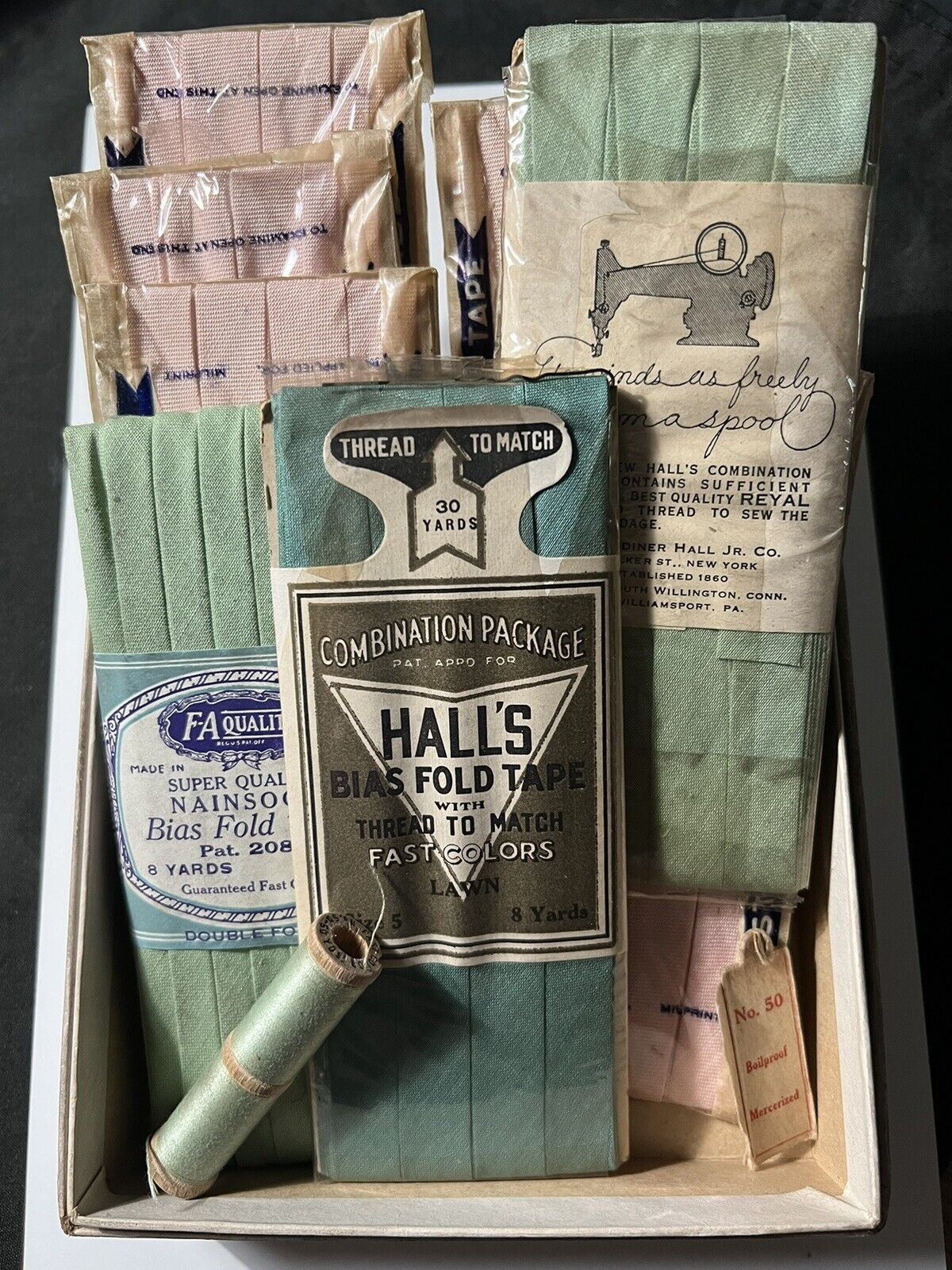 Box Lot of 9 Vintage NAINSOOK Bias Fold Tape Pink and Green Sewing GARDINER HALL