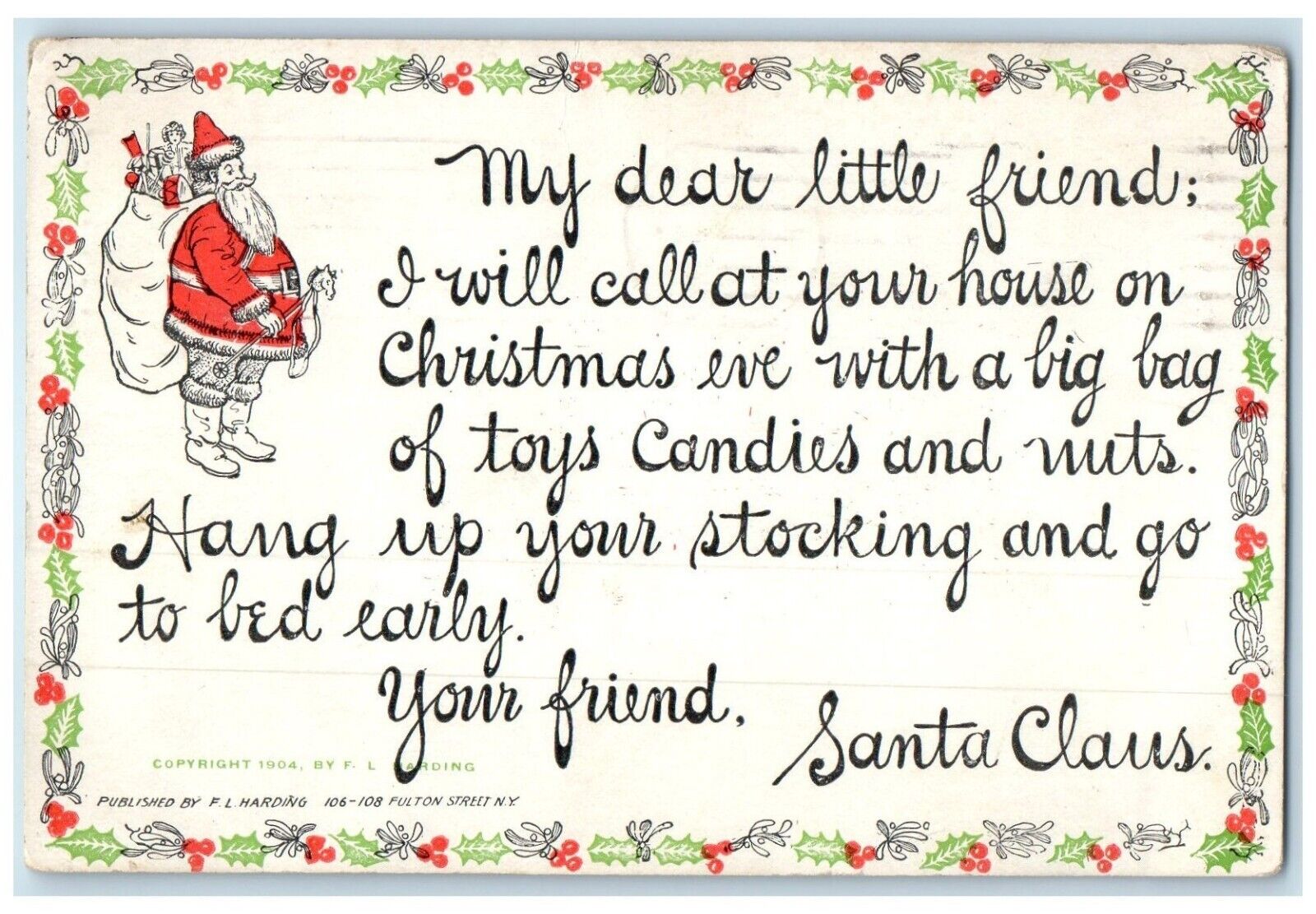 1912 Christmas Message Santa Claus Sack Of Toys Concordia KS Antique Postcard
