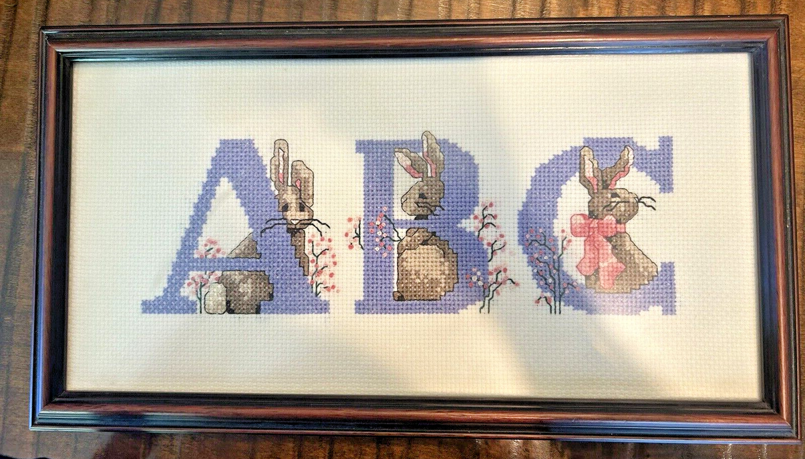 Handmade cross stich sampler ABC with Bunnies/Rabbits, Nursery Decor - \